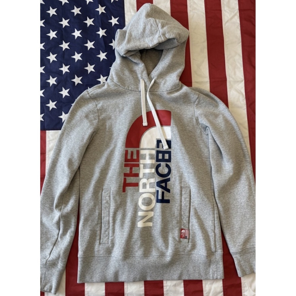 North Face American Red White Blue Logo Flag Gray Women's Hoodie Size S Olympics